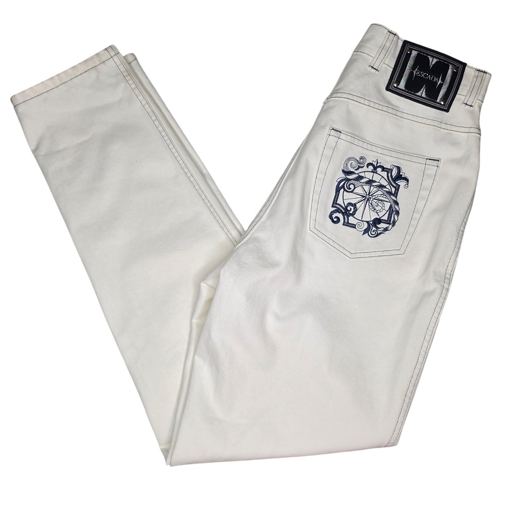 Escada Vintage 90s White Nautical Crest Embroidered Contrast Stitch Jeans NWT 40